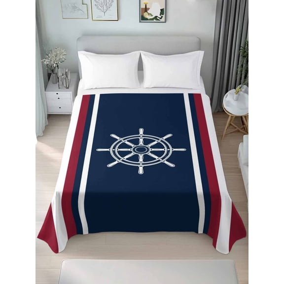 Navy Blue Red Stripe King Size Flat Sheet, Wrinkleproof & Fadeproof Cooling Flat Bed Sheet Only, Coastal Nautical Rudder Farmhouse Breathable Soft Bedding Top Sheets 105 x 98 Inches