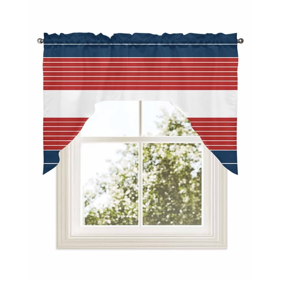 Navy Blue Red Stripe Kitchen Curtains Swag Valance for Windows/Bathroom/Cafe, Modern Art Horizontal Striped Rod Pocket Drape Panel Swag Curtains Valance for Bedroom/Living Room 56"x36"