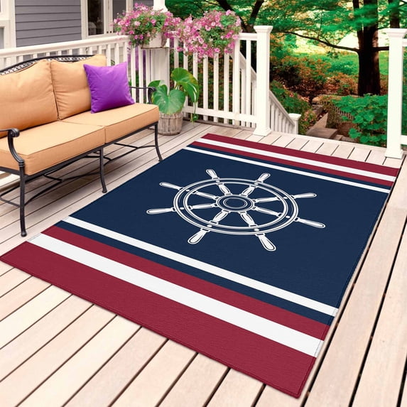 Navy Blue Red Stripe Outdoor Rug for Patio/Deck/Porch, Non-Slip Large Area Rug 5 x 8 Ft, Coastal Nautical Rudder Farmhouse Indoor Outdoor Rugs Washable Area Rugs, Reversible Camping Rug Carpet Runner