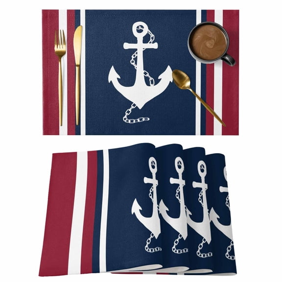 Navy Blue Red Stripe Placemats Set of 4 Coastal Nautical Anchor Farmhouse Place Mats Indoor Wipeable Table Mats Washable Cloth Dining Table Placemats for Kitchen Holiday Party Home Decor 13x19 Inch