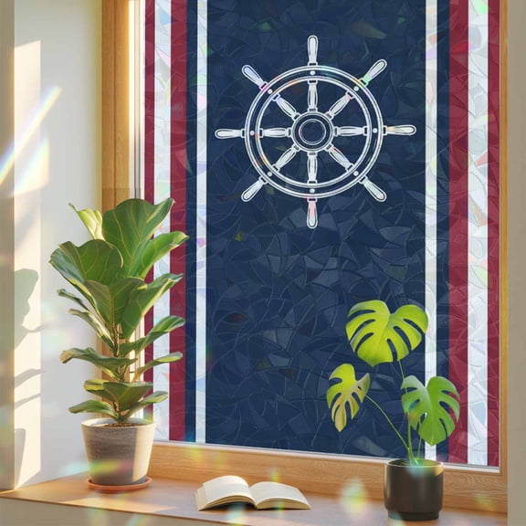 Navy Blue Red Stripe Privacy Window Film, Decorative Stained Glass Window Film, Coastal Nautical Rudder Farmhouse Resuable Rainbow Static Cling for Home Bathroom Living Room Glass Door 17.7"x39.3"