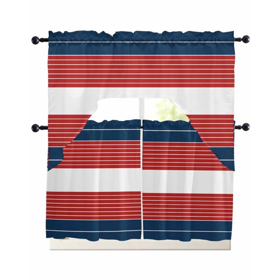 Navy Blue Red Stripe Swag Curtains for Living Room/Bedroom Windows, Modern Art Horizontal Striped Kitchen Curtains and Valances Set 36 Inch Length, Light Filtering Swags Valance Curtain Panels