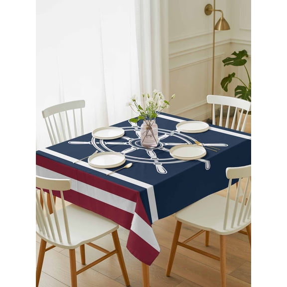 Navy Blue Red Stripe Tablecloth Rectangle Table Cloth 52x70, Waterproof Tablecloth Outdoor Table Cloth, Coastal Nautical Rudder Farmhouse Washable Table Cover for Kitchen Dinning Party