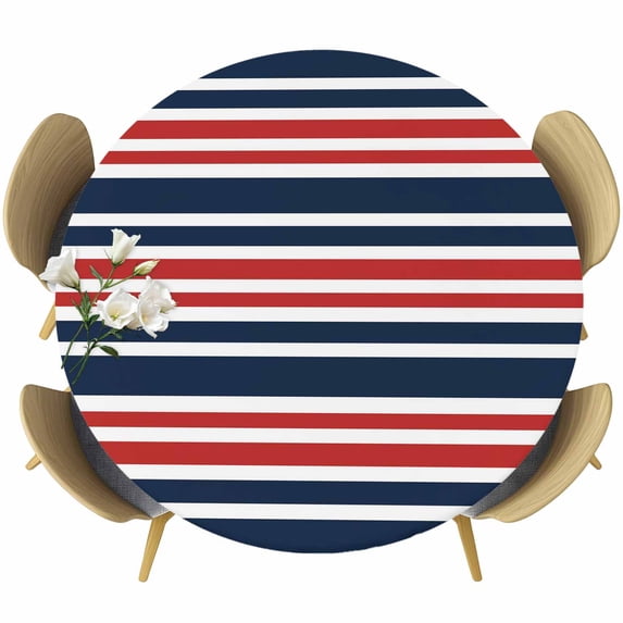 Navy Blue Red Striped Round Tablecloth, Fitted Table Cover with Elastic for 55"-60" Round Tables, Gradient Horizontal Lines Table Cloth Outdoor Indoor Dinning Party Waterproof Tablecloths