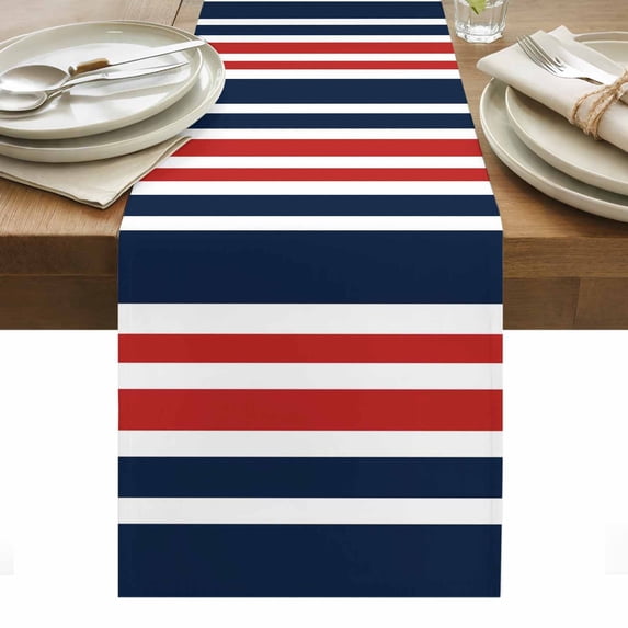Navy Blue Red Striped Table Runner - 60 Inch Long, Kitchen Dining Table Runner Dresser Scarves, Modern Minimalist Ombre Lines Farmhouse Decor for Coffee Tables Wedding Party Banquet