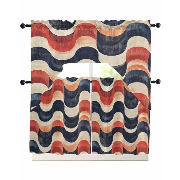 Navy Blue Red Swag Curtains for Living Room/Bedroom Windows, Modern Abstract Vintage Art Kitchen Curtains and Valances Set 36 Inch Length, Light Filtering Swags Valance Curtain Panels