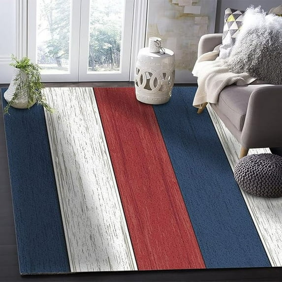 Navy Blue Red White Area Rug, Farmhouse Wooden Striped Living Room Rugs, Non Slip Machine Washable Easy Care Carpet For Indoor Bedroom Study Apartment Home Decor 5 x 7ft