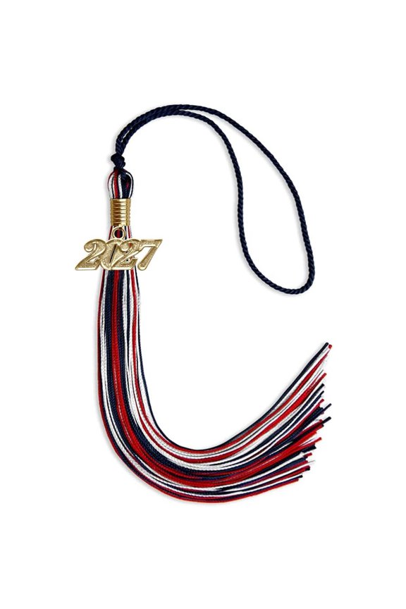 Navy Blue/Red/White Mixed Color Graduation Tassel with Gold Date Drop