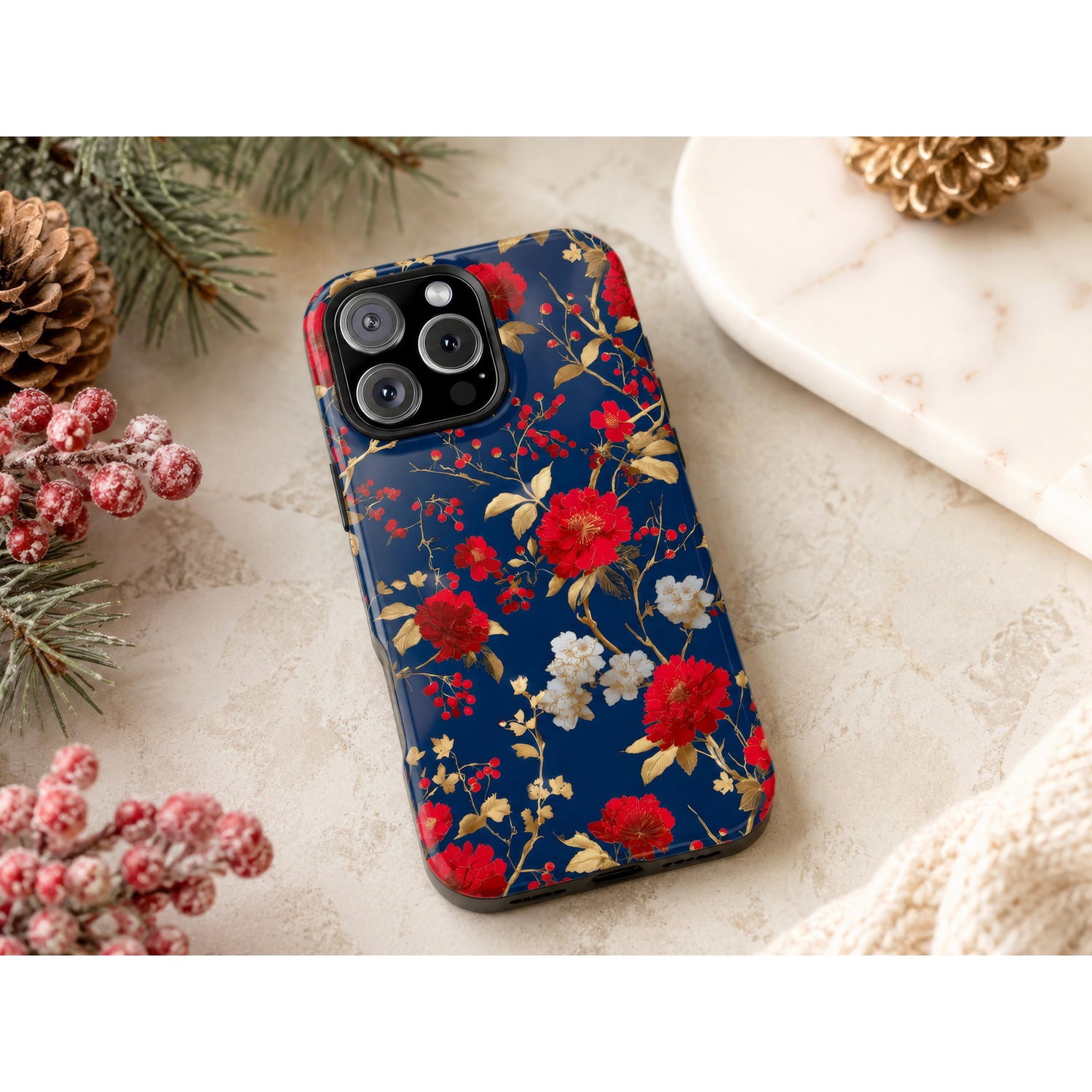 Red 4574 Navy Blue, Red and White Botanical Floral Tough Case for Apple iPhone ...
