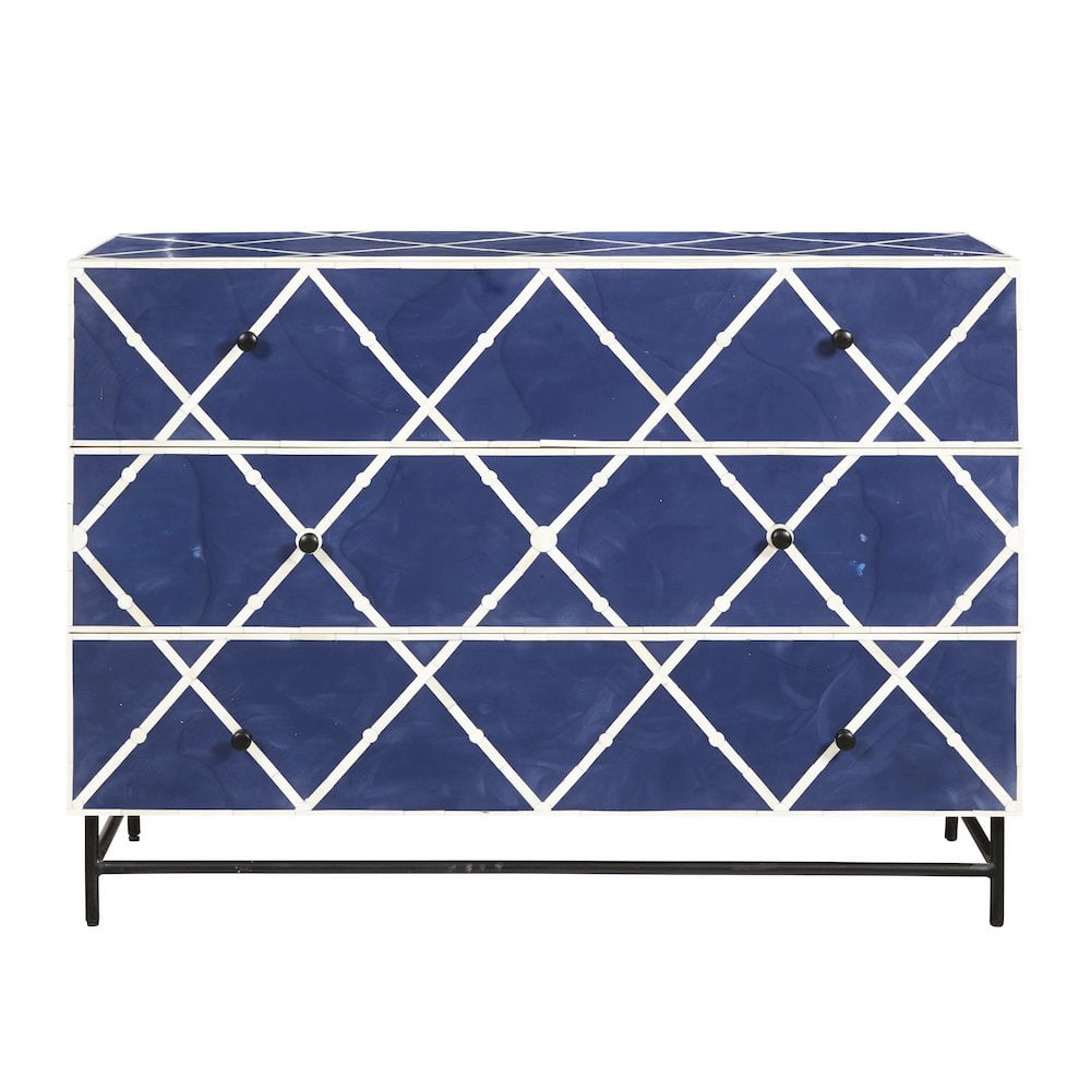 Navy Blue and White Mango Veneer 3-Drawer Accent Chest