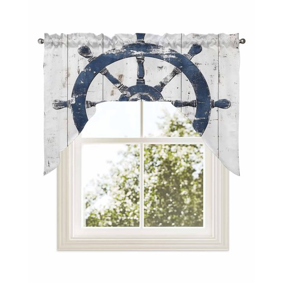 Navy Blue Retro Coastal Kitchen Curtains Swag Valance for Windows/Bathroom/Cafe, Nautical Summer Vintage Rudder Rod Pocket Drape Panel Swag Curtains Valance for Bedroom/Living Room 56"x36"