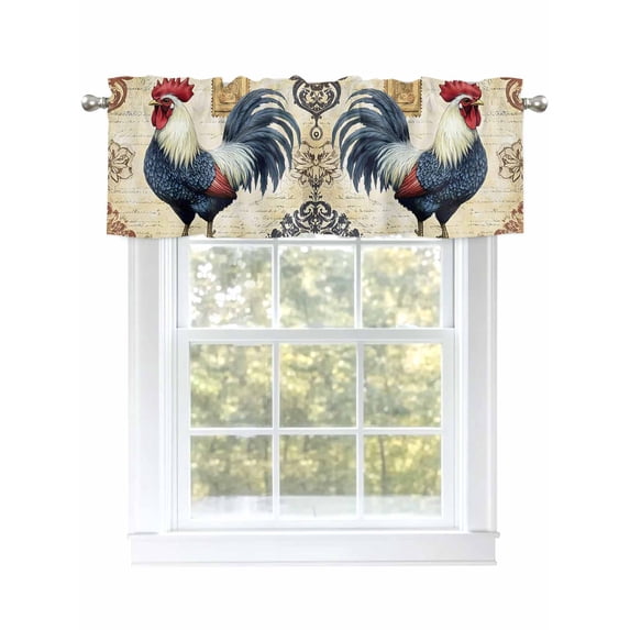 Navy Blue Retro Rooster Curtain Valances for Windows, Watercolor Animals Kitchen Valance Window Treatment, Light Filtering Block Curtains for Bathroom/Bedroom/Living Room 60'' x 18''