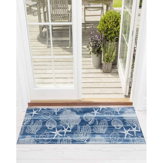 Navy Blue Retro Summer Front Door Mat Sea Turtle Starfish Coral Ocean Welcome Doormat Indoor Outdoor Entrance Floor Mat Non-Slip Washable Runner Rug for Front Porch Decor 16x47 Inch