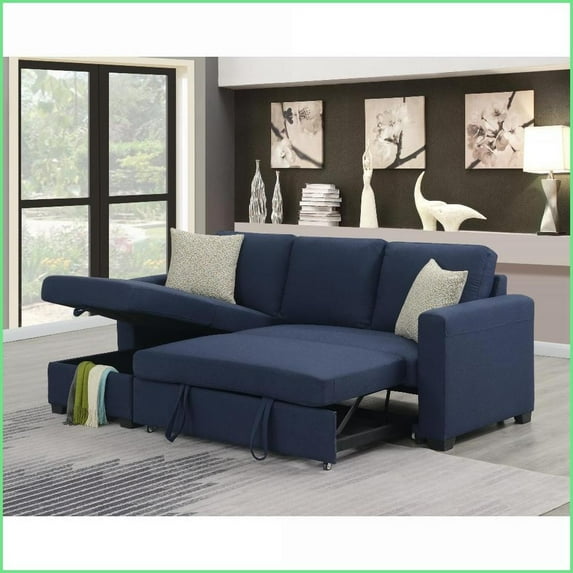 Navy Blue Reversible Pop-Up Sleeper Sectional – Easy-Assemble 87.5” Wide Contemporary Sofa | Blue | Solid Wood | Square Arms