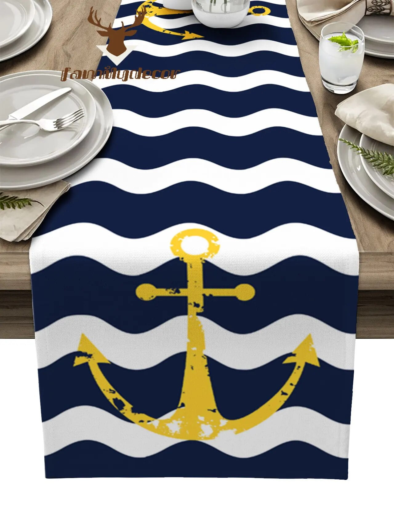 Navy Blue Ripple Yellow Anchor Table Runner Home Wedding Table Flag Mat