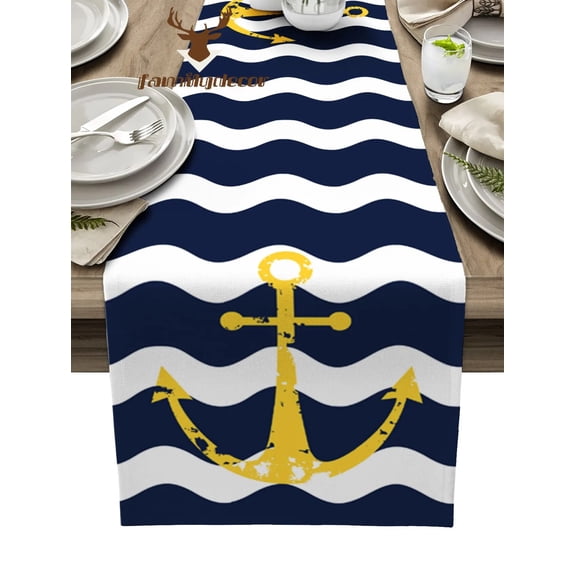 Navy Blue Ripple Yellow Anchor Table Runner Home Wedding Table Flag Mat Centerpieces Decoration Party Dining Long Tablecloth