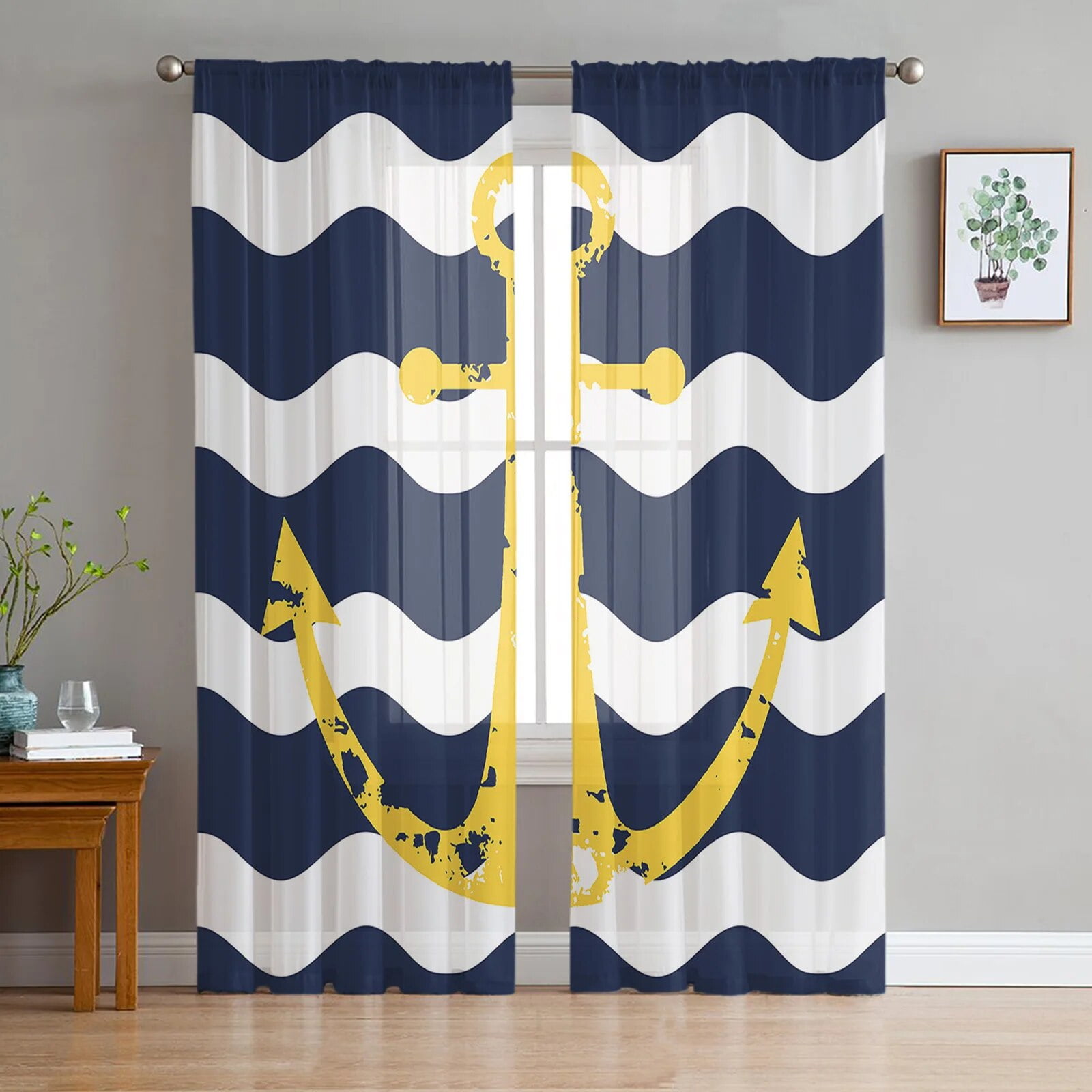 Navy Blue Ripple Yellow Anchor Tulle Curtains for Living Room Kitchen