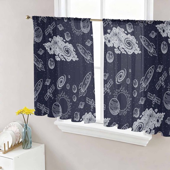 Navy Blue Rocket Spaceship Sheer Curtains 45 Inch Length 2 Panels Set, Cartoon Modern Abstract Art Voile Window Treatment Rod Pocket Small Kitchen Curtains Drapes for Bedroom 52"x45"x2