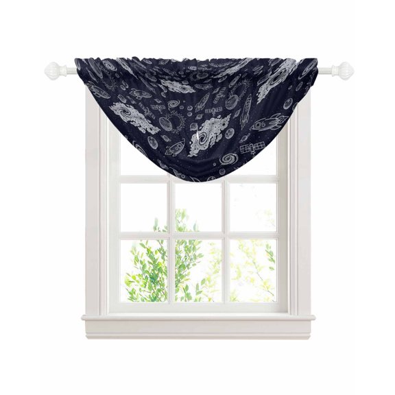 Navy Blue Rocket Spaceship Sheer Waterfall Valance Curtains for Window, Cartoon Modern Abstract Art Rod Pocket Sheer Topper Swag Curtains for Living Room, Kitchen 38.5"W x 47.2"L, 1 Panel