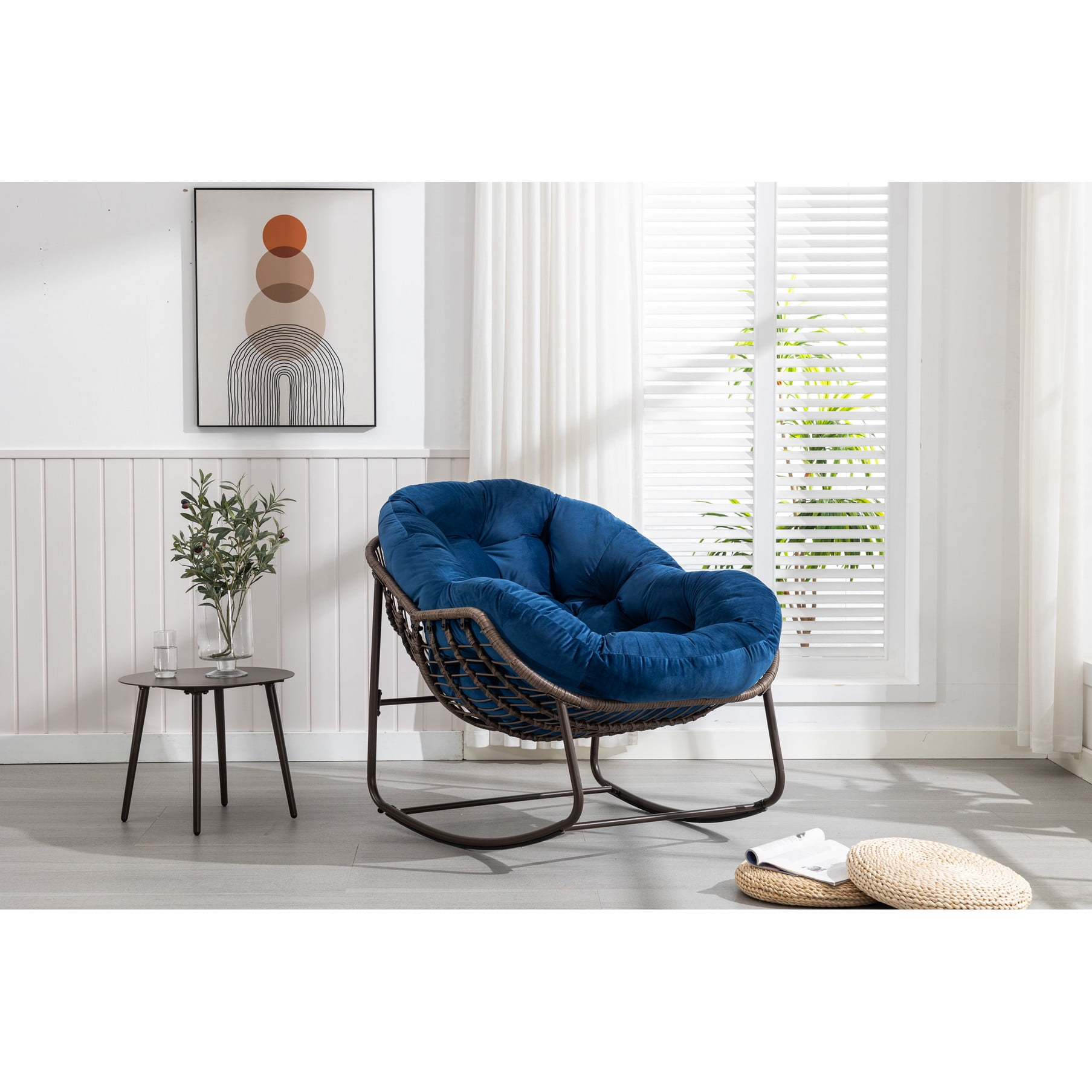 Navy Blue Rocking Chair For Relaxing In Living Room With Faux Fur ...