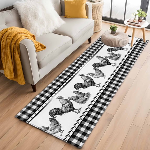 Navy Blue Rooster 2'x6' Runner Rugs for Hallway Kitchen Bedside Non Slip Washable, Vintage Farmhouse Black Plaid Entryway Rug Runners with Rubber Backing, Long Carpet Runner for Laundry Room