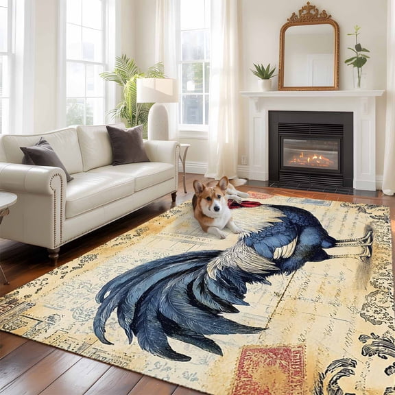 Navy Blue Rooster 5x8 Rug for Bedroom Under Queen Bed Placement, Vintage Watercolor Animal Pastoral Farm Country Washable Non Slip Large Rectangle Area Rug