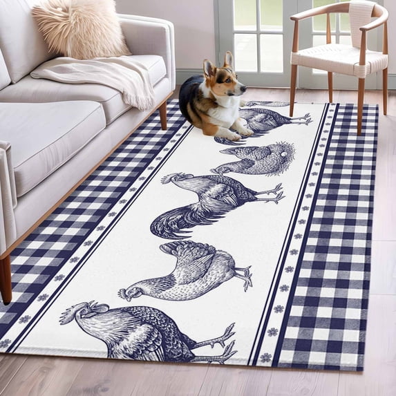 Navy Blue Rooster Area Rugs 2.7'x5', Washable Small Throw Rugs for Kitchen Bedroom, Vintage Farmhouse Blue Plaid Indoor Outdoor Rug Non-Slip Low Pile Carpet Runner Reversible Floor Mats