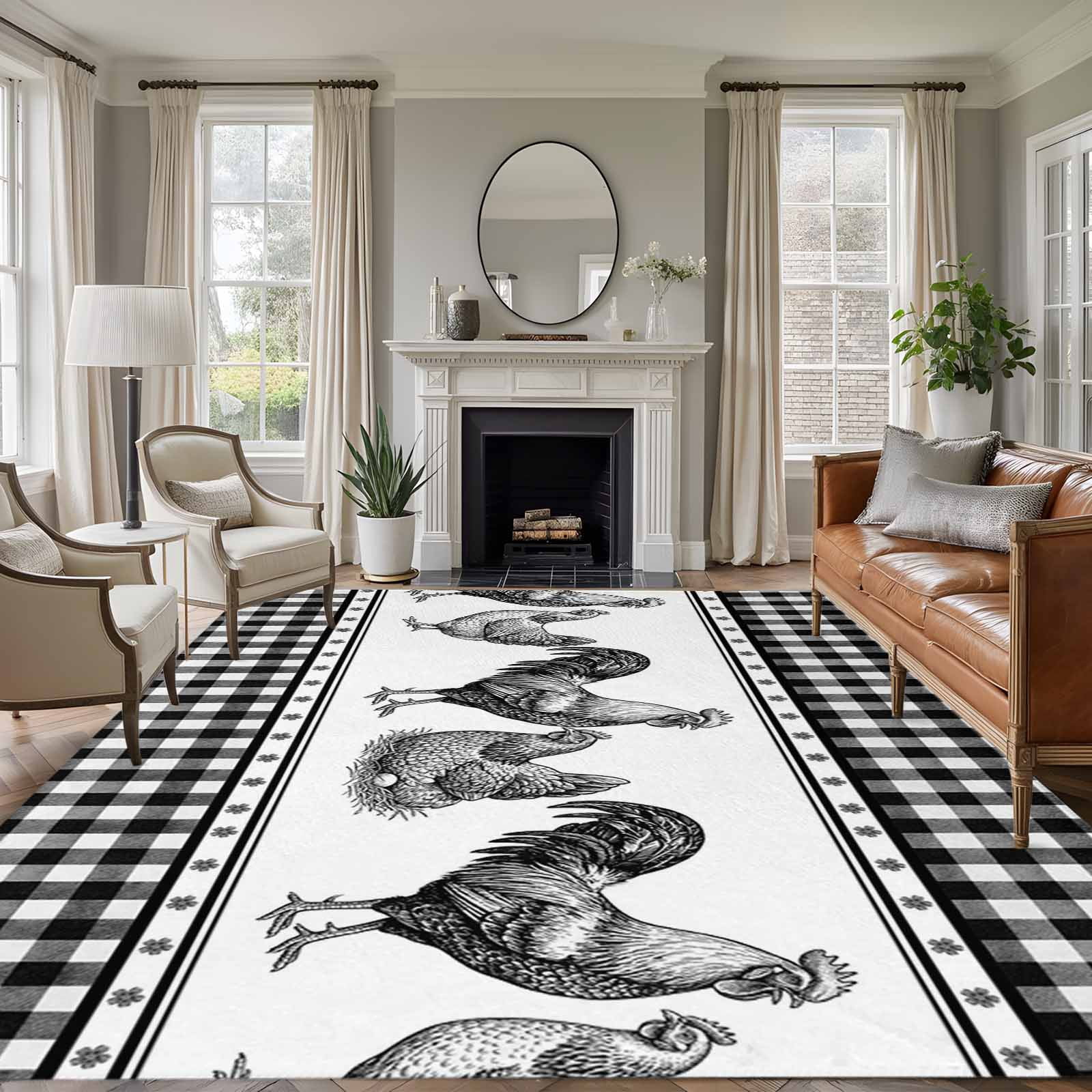 Navy Blue Rooster Area Rugs 5'x8', Washable Small Throw Rugs for Classroom Bedroom, Vintage Farmhouse Black Plaid Indoor Outdoor Rug Non-Slip Low Pile Carpet Runner Reversible Floor Mats