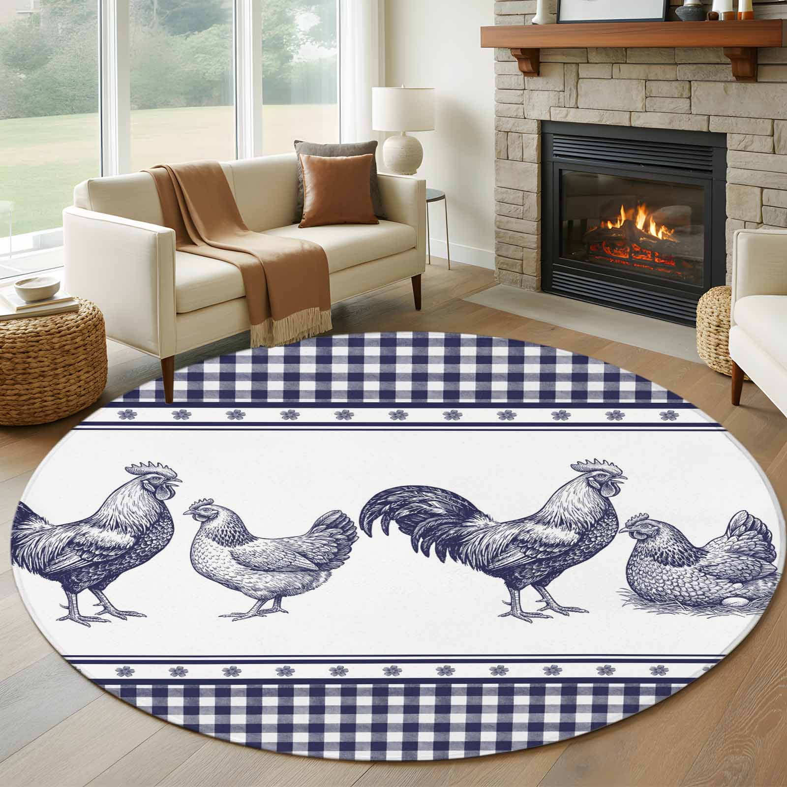 Navy Blue Rooster Round Area Rug 5Ft Washable Circle Rugs for Living Room Bedroom, Vintage Farmhouse Blue Plaid Non-Slip Carpet Floor Mats Indoor Outdoor Carpet Runner Aesthetic Home Decor