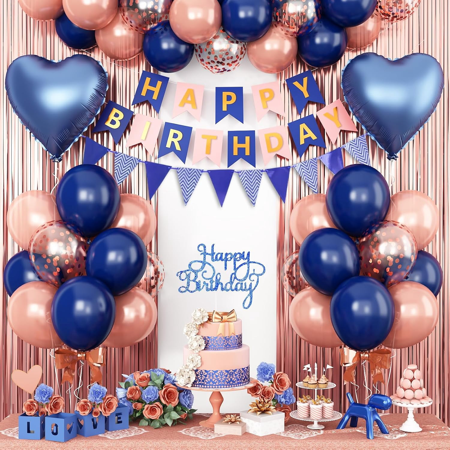 Navy Blue Rose Gold Birthday Decorations,Happy Birthday Banner Fringe Curtain Heart Foil Balloons for Women Girl Boys Men