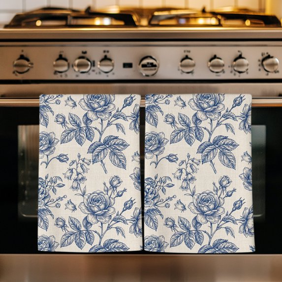 Navy Blue Rose Kitchen Towels Set of 4, Farmhouse Vintage Botanical Floral Burlap Absorbent Dish Towels for Kitchen, Microfiber Hand Towel, Quick Drying Tea Towel for Cleaning Decorative Dishcloths