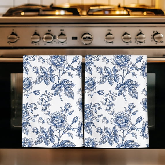 Navy Blue Rose Kitchen Towels Set of 4, Rustic Vintage Botanical Floral Watercolor Absorbent Dish Towels for Kitchen, Microfiber Hand Towel, Quick Drying Tea Towel for Cleaning Decorative Dishcloths