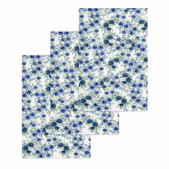 Navy Blue Roses Kitchen Dish Towels for Drying Dishes Set of 3, Spring Floral Elegant Pastoral Botanical Waffle Weave Microfiber Hand Tea Bathroom Towels Quick Dry & Absorbent Towel 15.7x23.6