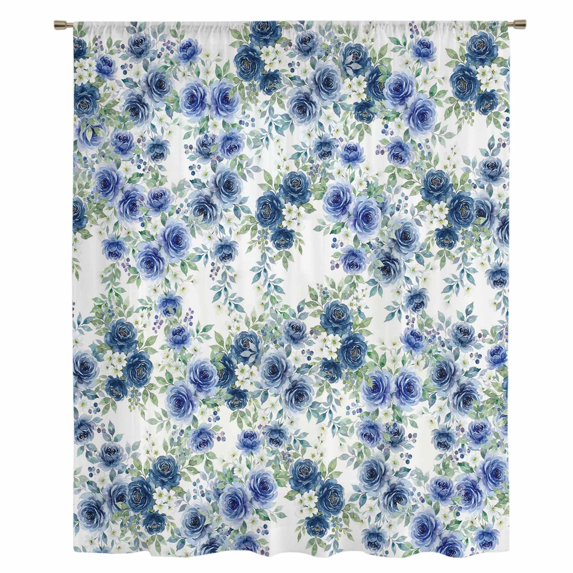 Navy Blue Roses Sheer Curtains 72 Inches Long, Spring Floral Elegant Pastoral Botanical Light Filering Curtains, Breathable Simi Curtain Privacy Drapes for Living Room Bedroom Window Treatment