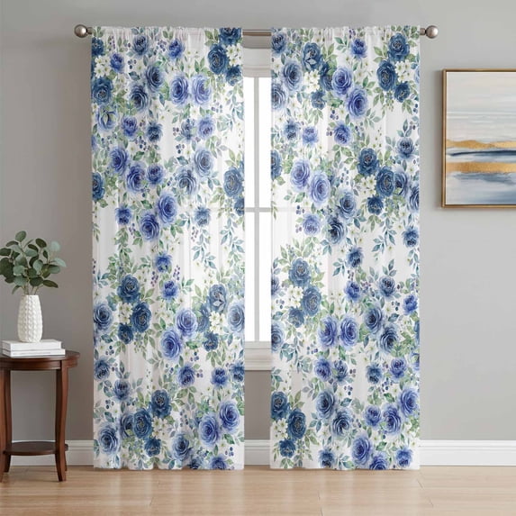 Navy Blue Roses Sheer Curtains 96 Inches Long 2 Panels Set, Window Sheer Curtains for Living Room/Bedroom, Spring Floral Elegant Pastoral Botanical Light Filtering Rod Pocket Curtain 52''x96''x2