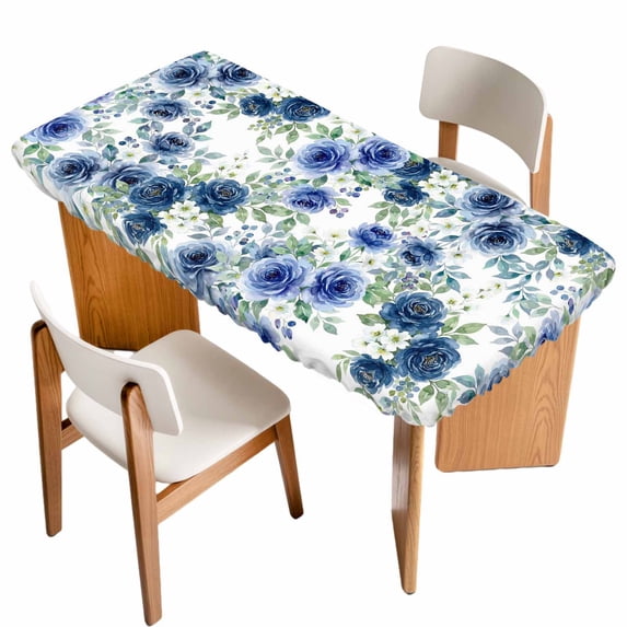 Navy Blue Roses Table Cloths for 4 Foot Rectangle Tables, Spring Floral Elegant Pastoral Botanical Patio Waterproof Elastic Fitted Tablecloths, Washable Rectangular Table Cover for Camping