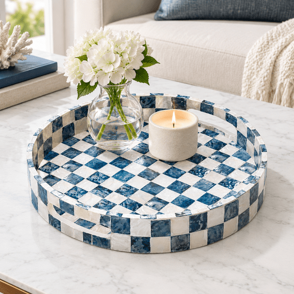 Navy Blue Round 12.6 Inch Capiz Shell Decorative Serving Tray With Handles