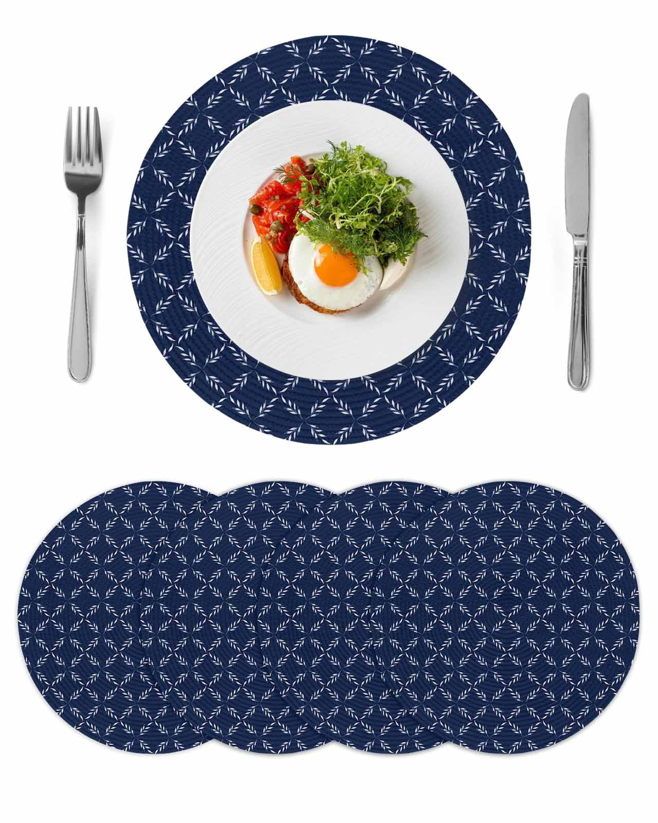 Navy Blue Round 13 Inch Placemats Set of 4, Geometric Leaf Diamond ...
