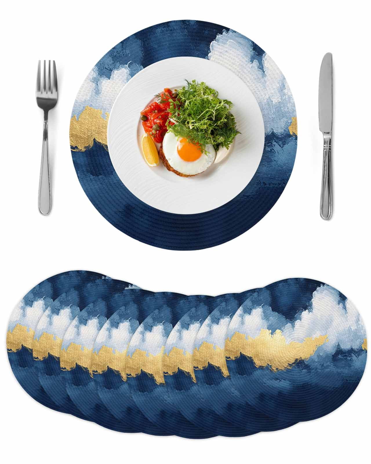 Navy Blue Round 13 Inch Placemats Set of 8, Abstract Modern Oil ...