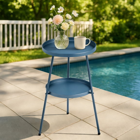 Navy Blue Round 2 Tier Patio Side Table Metal Outdoor Indoor End Table