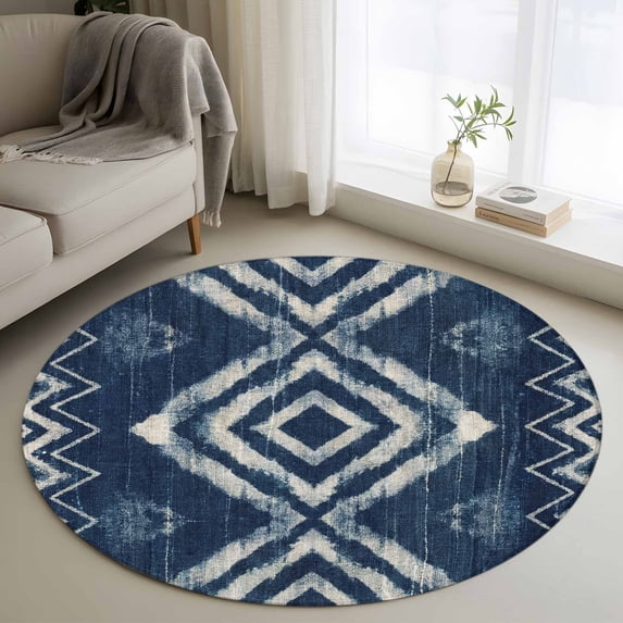 Navy Blue Round Area Rug 3Ft Washable Small Circle Rugs for Kitchen Entryway, Vintage Tribal Abstract Geometric Tie Dye Art Non-Slip Carpet Floor Mats Indoor Outdoor Carpet Runner Home Decor