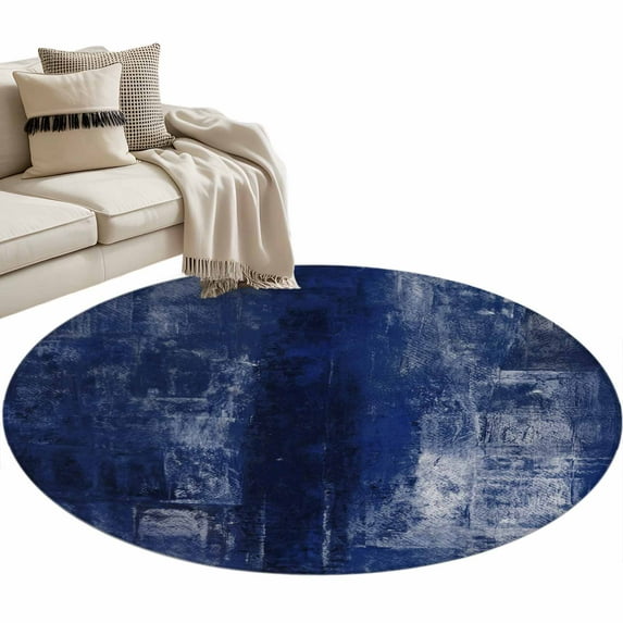 Navy Blue Round Area Rug 4 FT, Non Slip Indoor Outdoor Rug, Retro Oil Painting Modern Abstract Art Aesthetics Washable Soft Circular Carpet Floor Mat for Coffee Table Nursery Foyer Balcony