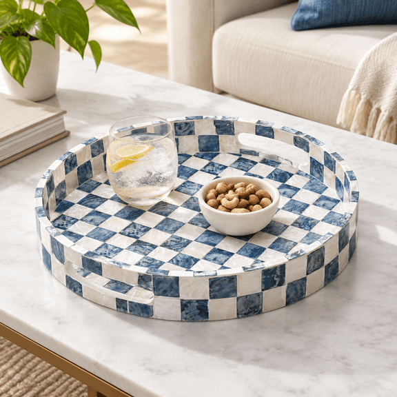 Navy Blue Round Capiz Shell Decorative Serving Tray with Handles