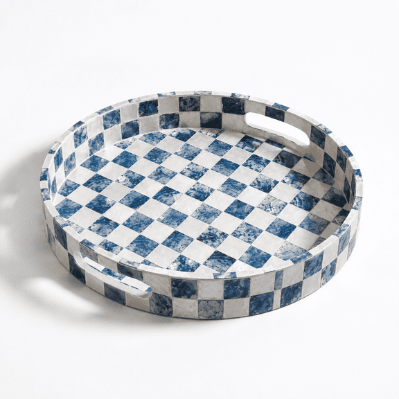 Navy Blue Round Capiz Shell Decorative Tray with Checkered Pattern