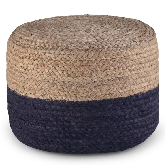 Navy Blue Round Pouf Ottoman with Natural Jute Braided Accent for Living Room Decor