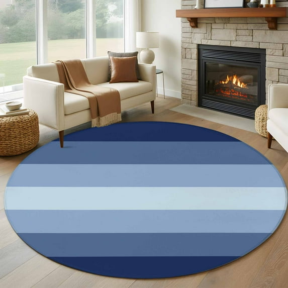 Navy Blue Round Rugs for Living Room 6ft Ombre Stripe Non Slip Circle Rug Washable Low-Profile Indoor Carpet for Bedroom, Dining Room, Bathroom