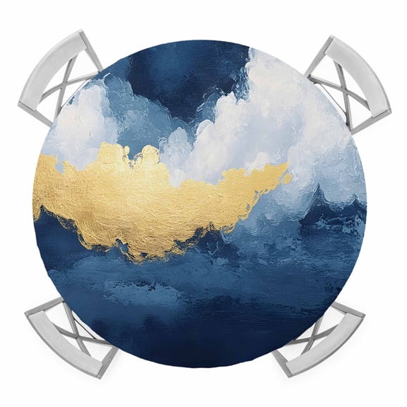 Navy Blue Round Tablecloth for 36-44 Inch Tables, Fitted Table Cover with Elastic Edge, Abstract Modern Oil Painting Art Waterproof Outdoor Table Cloth Protector for Patio Garden Dinner Picnic