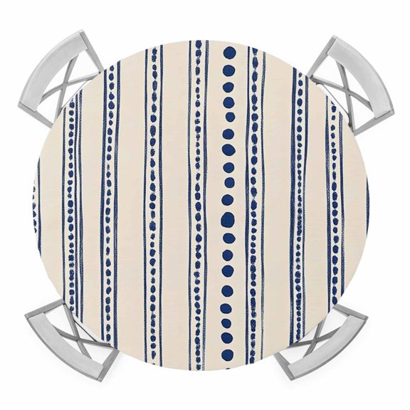 Navy Blue Round Tablecloth for 45-54 Inch Tables, Fitted Table Cover with Elastic Edge, Modern Geometric Abstract Art Striped Waterproof Outdoor Table Cloth Protector for Patio Garden Dinner Picnic