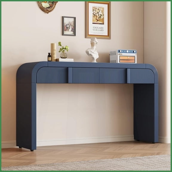Navy Blue Rounded Coffee Table with 2 Drawers - Easy-Clean MDF for Living Room & Hallway, Stable & Organized Storage