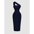 thumbnail image 1 of Navy Blue Ruched One Shoulder Bodycon Midi Dress, Elegant Evening Dress For Women, 1 of 5